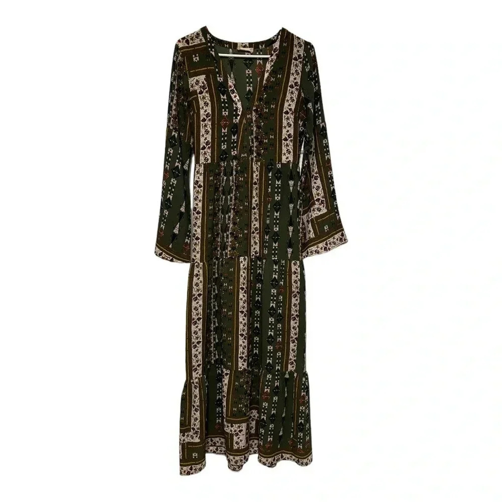 Altar’d State Green Boho Patchwork Floral Bell Sleeve Maxi Long Sleeve D…